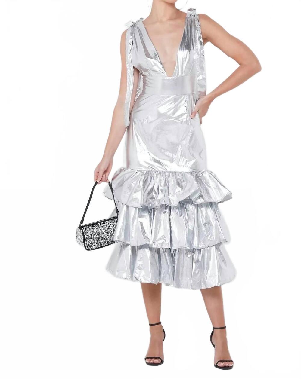 NEW AMYLYNN metallic plunge neck dress in silver